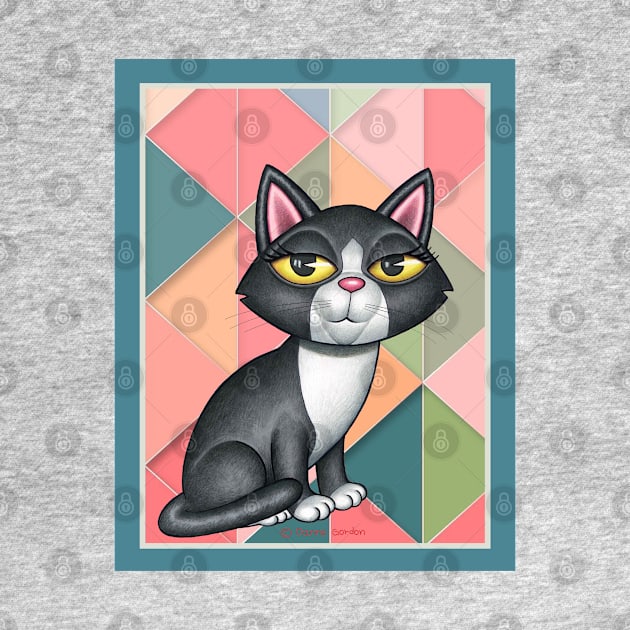 Black white kitty cat on art deco in greens and orange by Danny Gordon Art